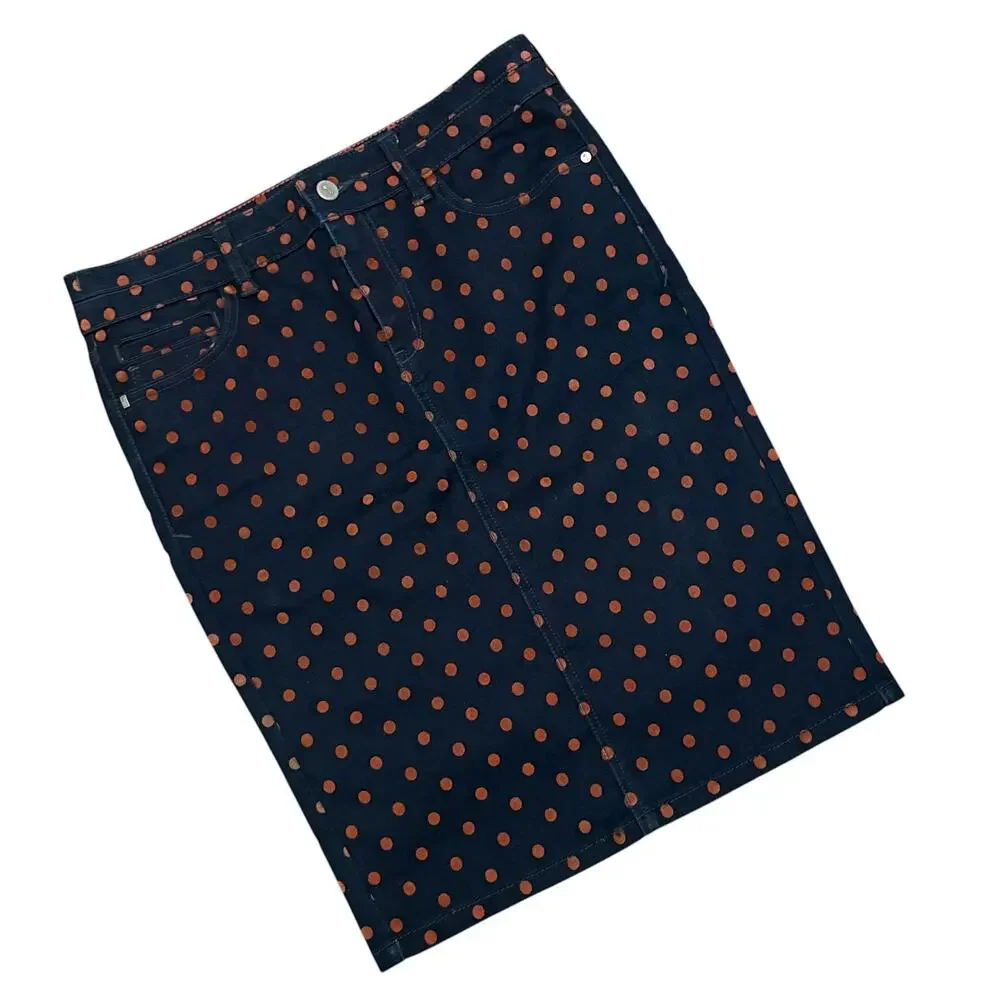Anthropologie Pilcro Navy Brushed Denim Rust Polka Dot Pencil Skirt 27/4